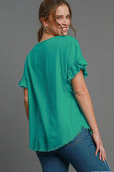 Umgee Full Size Raw Hem Ruffle Short Sleeve Blouse Plus Size OutfitFlow